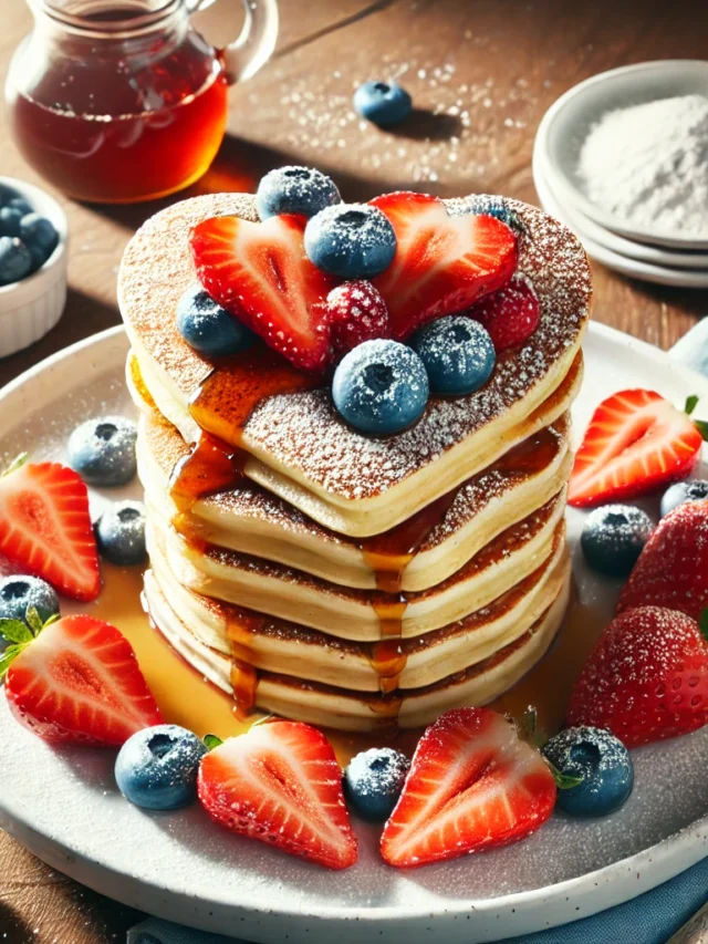 A stack of heart-shaped pancakes beautifully plated with fresh strawberries, blueberries, and a drizzle of syrup, served on a white plate with a dusting, breakfast in bed featuring heart-shaped pancakes!, breakfast in bed, breakfast in bed recipe ideas, quick recipe ideas, quick breakfast ideas, morning breakfast ideas, recipe ideas